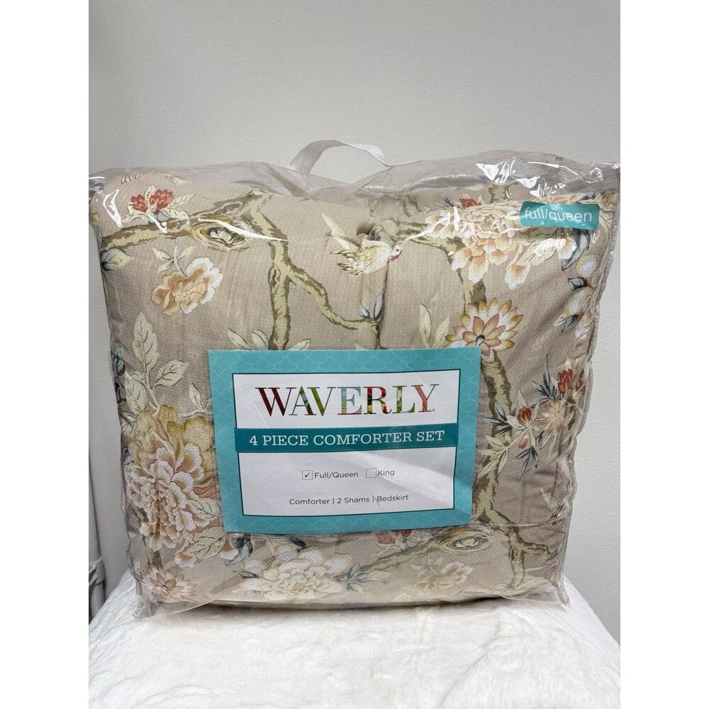 Waverly Mudan Beige Floral FULL/QUEEN Comforter Set 4Pcs Peony Gardens RARE